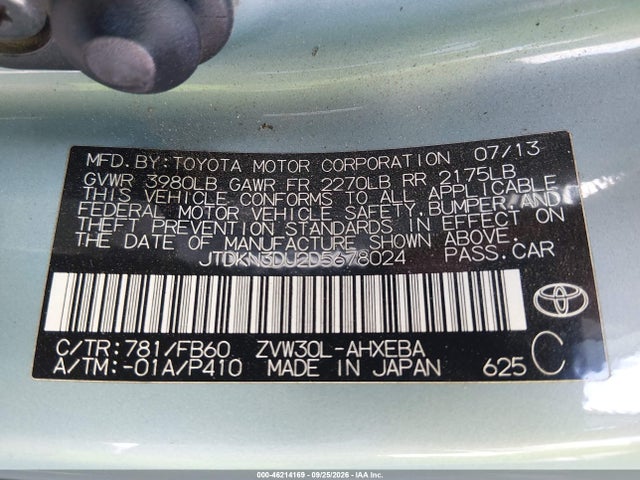 2013 Toyota Prius Two მანქანა იყიდება აუქციონზე, vin: JTDKN3DU2D5678024, აუქციონის ნომერი: 46214169
