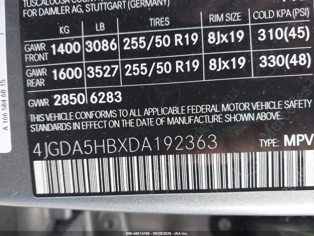 46214168 :رقم المزاد ، 4JGDA5HBXDA192363 vin ، 2013 Mercedes-benz Ml 350 4matic مزاد بيع