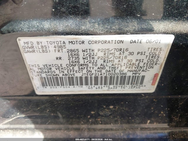 Aukcja sprzedaży 2001 Toyota Highlander V6, vin: JTEGF21A710020386, numer aukcji: 46214171