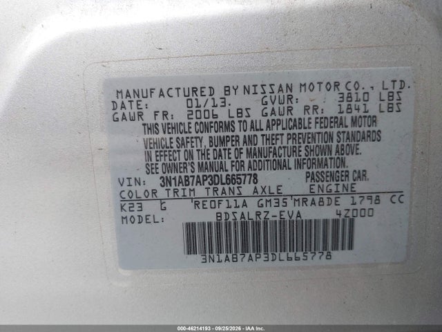 46214193 :رقم المزاد ، 3N1AB7AP3DL665778 vin ، 2013 Nissan Sentra Sr مزاد بيع