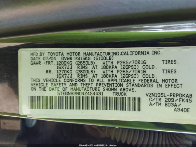 2004 Toyota Tacoma Prerunner V6 მანქანა იყიდება აუქციონზე, vin: 5TEGN92N04Z454431, აუქციონის ნომერი: 46214202