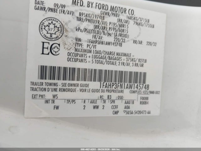 2010 Ford Focus Se მანქანა იყიდება აუქციონზე, vin: 1FAHP3FN1AW145748, აუქციონის ნომერი: 46214203