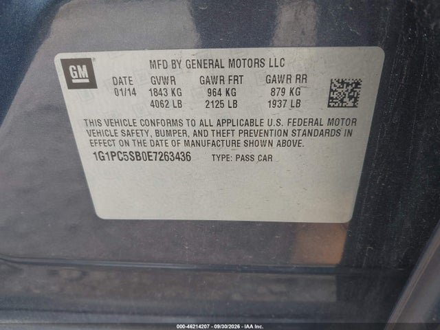 46214207 :رقم المزاد ، 1G1PC5SB0E7263436 vin ، 2014 Chevrolet Cruze 1lt Auto مزاد بيع