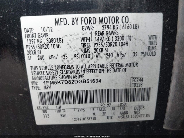 2013 Ford Explorer Xlt მანქანა იყიდება აუქციონზე, vin: 1FM5K7D82DGB51634, აუქციონის ნომერი: 46214219