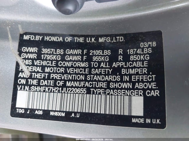 46214231 :رقم المزاد ، SHHFK7H21JU220655 vin ، 2018 Honda Civic Lx مزاد بيع