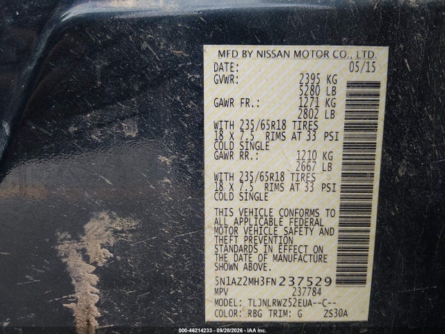 46214233 :رقم المزاد ، 5N1AZ2MH3FN237529 vin ، 2015 Nissan Murano Sl مزاد بيع