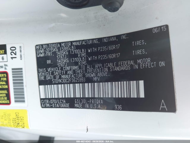 2015 Toyota Sienna Xle Premium 8 Passenger მანქანა იყიდება აუქციონზე, vin: 5TDYK3DC2FS625993, აუქციონის ნომერი: 46214243