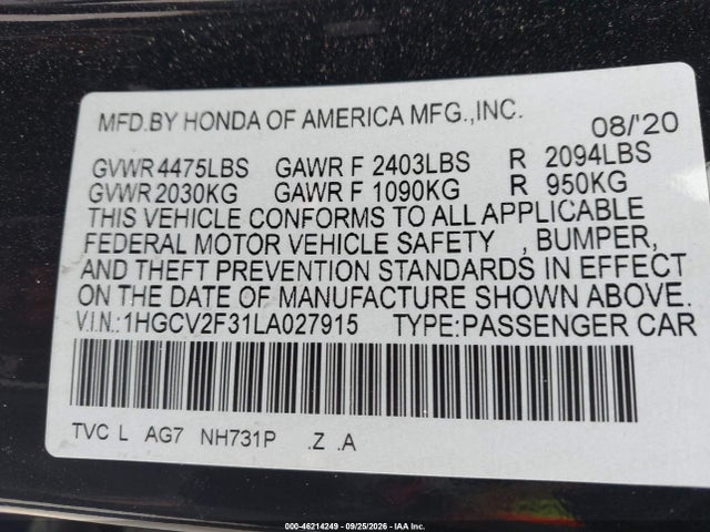 46214249 :رقم المزاد ، 1HGCV2F31LA027915 vin ، 2020 Honda Accord Sport 2.0t مزاد بيع