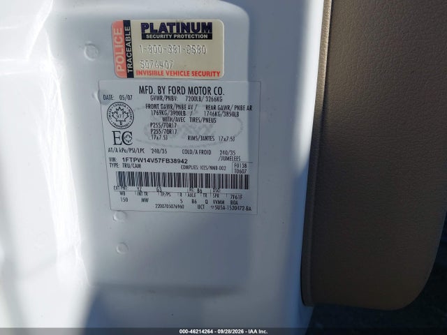 Aukcja sprzedaży 2007 Ford F-150 Fx4/lariat/xlt, vin: 1FTPW14V57FB38942, numer aukcji: 46214264
