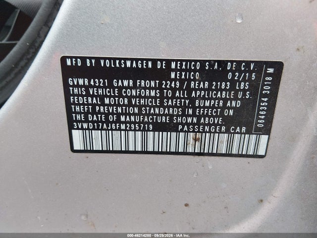 2015 Volkswagen Jetta 1.8t Se მანქანა იყიდება აუქციონზე, vin: 3VWD17AJ6FM295719, აუქციონის ნომერი: 46214280