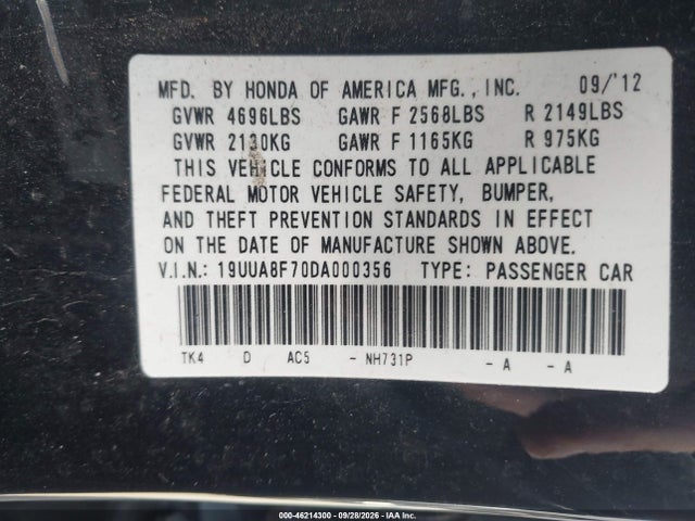 Продажа на аукционе авто 2013 Acura Tl 3.5, vin: 19UUA8F70DA000356, номер лота: 46214300