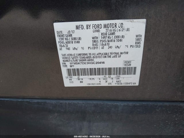 2017 Ford Explorer Xlt მანქანა იყიდება აუქციონზე, vin: 1FM5K7D83HGC20496, აუქციონის ნომერი: 46214302