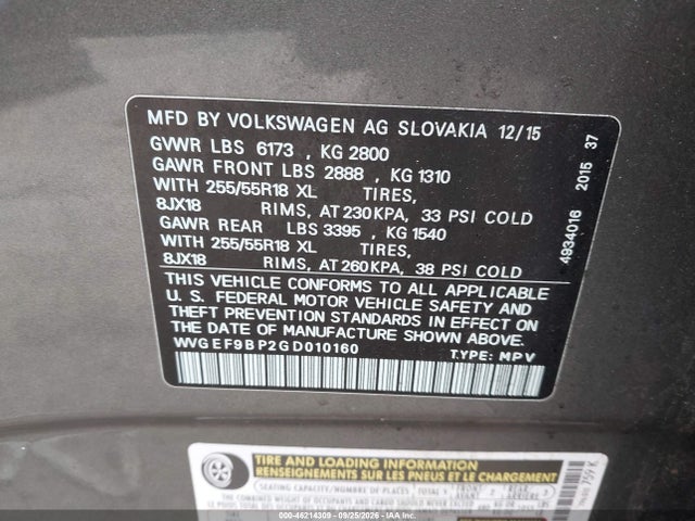 46214309 :رقم المزاد ، WVGEF9BP2GD010160 vin ، 2016 Volkswagen Touareg Vr6 Sport مزاد بيع
