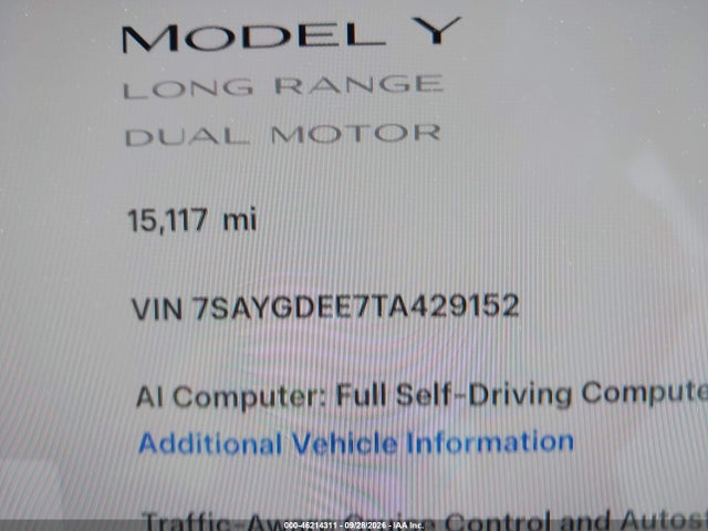 Продаж на аукціоні авто 2026 Tesla Model Y All-wheel Drive/long Range Launch Series/premium All-wheel Drive, vin: 7SAYGDEE7TA429152, номер лоту: 46214311