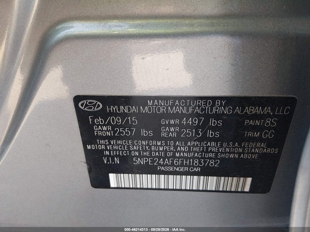 Aukcja sprzedaży 2015 Hyundai Sonata Se, vin: 5NPE24AF6FH183782, numer aukcji: 46214313