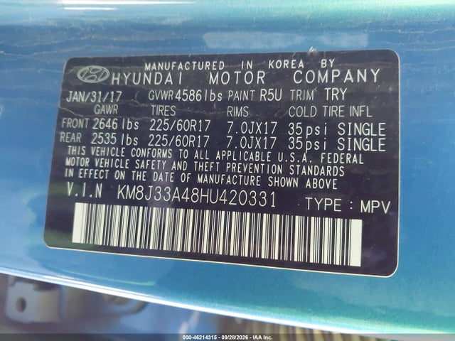 Продаж на аукціоні авто 2017 Hyundai Tucson Se Plus, vin: KM8J33A48HU420331, номер лоту: 46214315