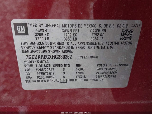 Aukcja sprzedaży 2017 Chevrolet Silverado 1500 1lt, vin: 3GCUKRECXHG380362, numer aukcji: 46214316