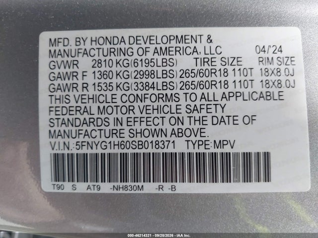 2025 Honda Pilot Trailsport მანქანა იყიდება აუქციონზე, vin: 5FNYG1H60SB018371, აუქციონის ნომერი: 46214321