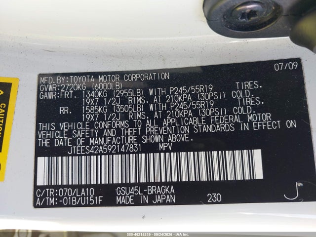 Aukcja sprzedaży 2009 Toyota Highlander Limited, vin: JTEES42A592147831, numer aukcji: 46214339