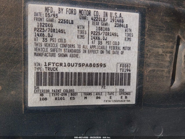 1995 Ford Ranger მანქანა იყიდება აუქციონზე, vin: 1FTCR10U7SPA80595, აუქციონის ნომერი: 46214350