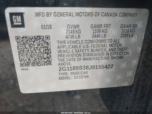 46214354 :رقم المزاد ، 2G1105S38J9155422 vin ، 2018 Chevrolet Impala 1lt مزاد بيع