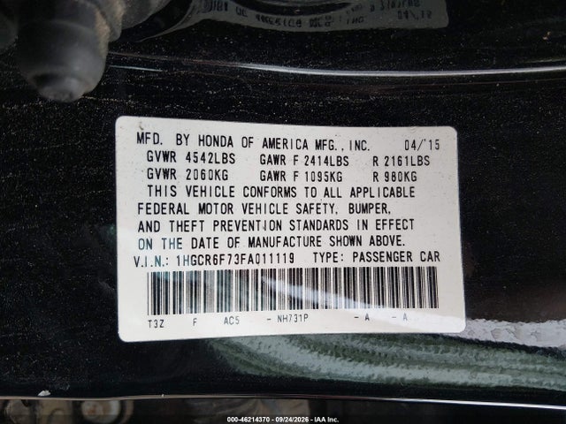 Aukcja sprzedaży 2015 Honda Accord Hybrid Touring, vin: 1HGCR6F73FA011119, numer aukcji: 46214370