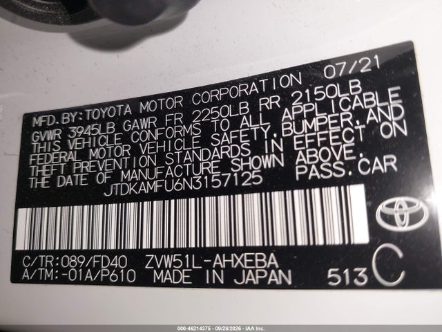 Aukcja sprzedaży 2022 Toyota Prius Le, vin: JTDKAMFU6N3157125, numer aukcji: 46214375