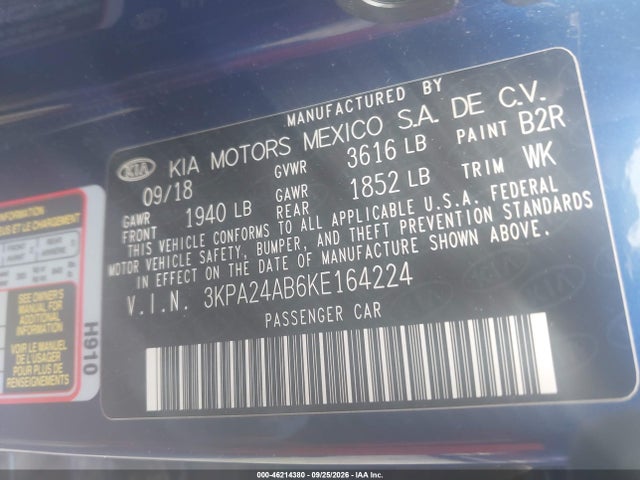 Aukcja sprzedaży 2019 Kia Rio S, vin: 3KPA24AB6KE164224, numer aukcji: 46214380