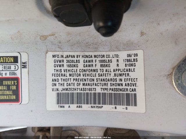 2010 Honda Insight Ex მანქანა იყიდება აუქციონზე, vin: JHMZE2H71AS016573, აუქციონის ნომერი: 46214388