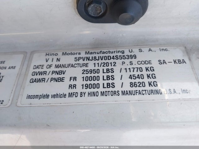 2013 Hino 258/268 მანქანა იყიდება აუქციონზე, vin: 5PVNJ8JV0D4S55399, აუქციონის ნომერი: 46214400
