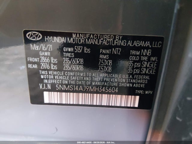 5NMS14AJ9MH345604 Hyundai Santa Fe Se