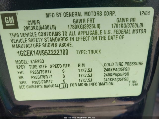 Aukcja sprzedaży 2005 Chevrolet Silverado 1500 Work Truck, vin: 1GCEK14V95Z222700, numer aukcji: 46214416