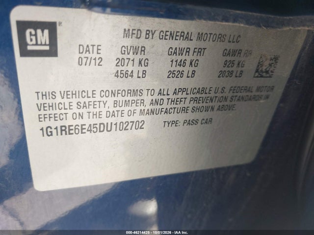 46214425 :رقم المزاد ، 1G1RE6E45DU102702 vin ، 2013 Chevrolet Volt مزاد بيع