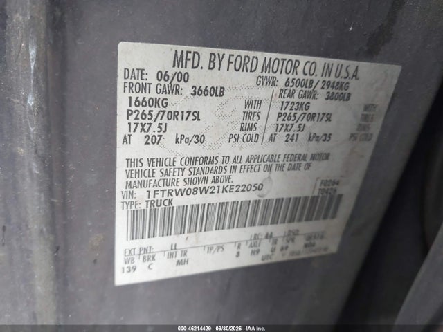 Продажа на аукционе авто 2001 Ford F-150 King Ranch Edition/lariat/xlt, vin: 1FTRW08W21KE22050, номер лота: 46214429