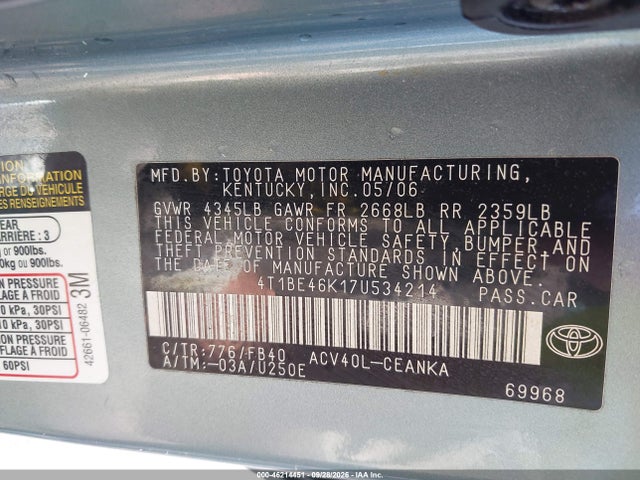 46214451 :رقم المزاد ، 4T1BE46K17U534214 vin ، 2007 Toyota Camry Le مزاد بيع