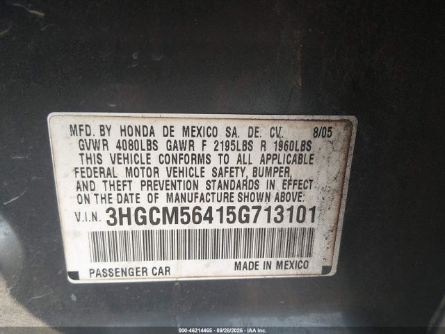2005 Honda Accord 2.4 Lx მანქანა იყიდება აუქციონზე, vin: 3HGCM56415G713101, აუქციონის ნომერი: 46214465