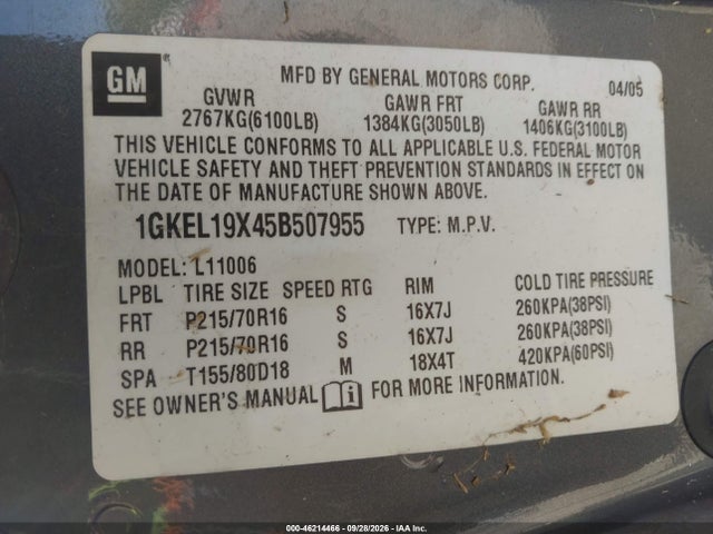Продажа на аукционе авто 2005 Gmc Safari, vin: 1GKEL19X45B507955, номер лота: 46214466