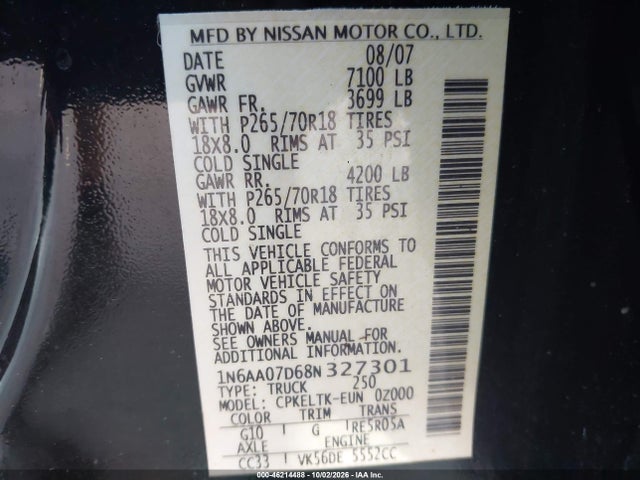 Auction sale of the 2008 Nissan Titan Se, vin: 1N6AA07D68N327301, lot number: 46214488