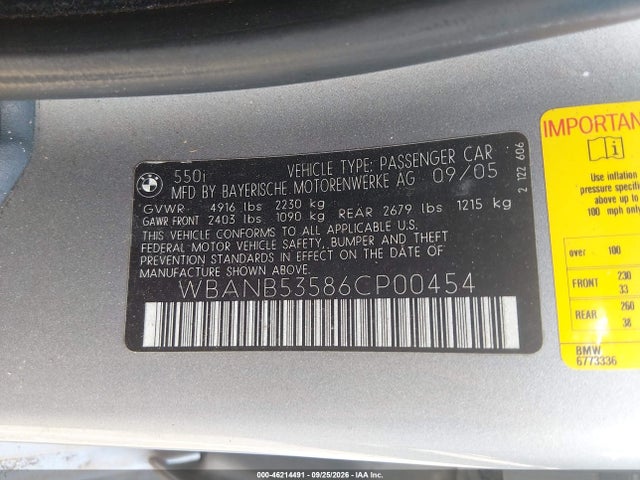 Aukcja sprzedaży 2006 Bmw 550i, vin: WBANB53586CP00454, numer aukcji: 46214491