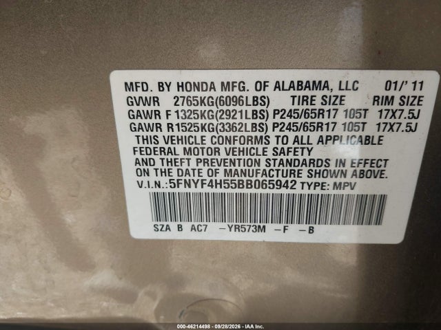 Продажа на аукционе авто 2011 Honda Pilot Ex-l, vin: 5FNYF4H55BB065942, номер лота: 46214498