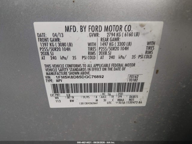 46214521 :رقم المزاد ، 1FM5K8D85DGC76892 vin ، 2013 Ford Explorer Xlt مزاد بيع