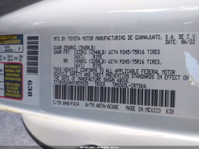 46214523 :رقم المزاد ، 3TYRX5GN4NT059935 vin ، 2022 Toyota Tacoma Sr مزاد بيع