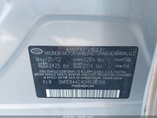 Продаж на аукціоні авто 2013 Hyundai Sonata Gls, vin: 5NPEB4AC4DH538788, номер лоту: 46214527