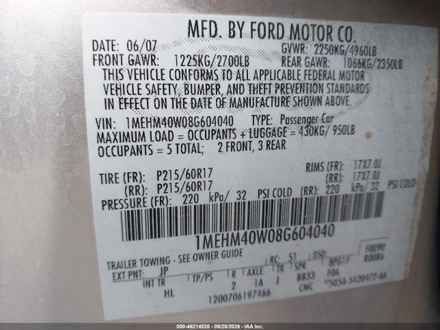 Продажа на аукционе авто 2008 Mercury Sable, vin: 1MEHM40W08G604040, номер лота: 46214528