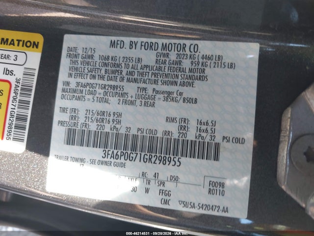Aukcja sprzedaży 2016 Ford Fusion S, vin: 3FA6P0G71GR298955, numer aukcji: 46214531