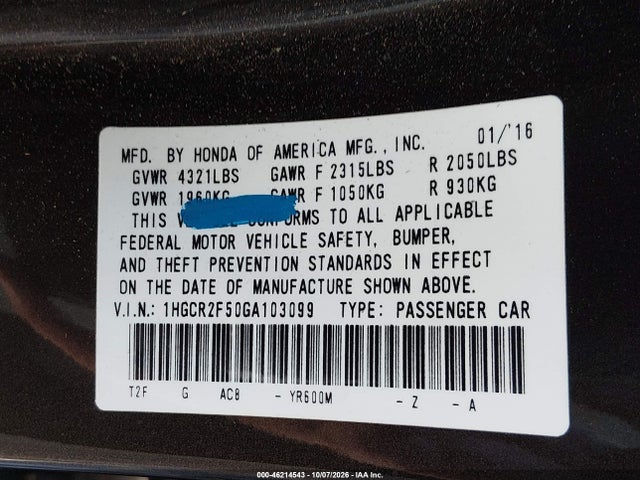 1HGCR2F50GA103099 Honda Accord Sport