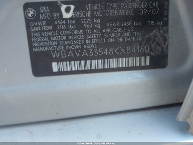 Продаж на аукціоні авто 2008 Bmw 328i, vin: WBAVA33548KX84160, номер лоту: 46214564