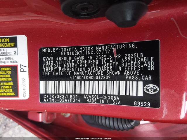 Продаж на аукціоні авто 2012 Toyota Camry Hybrid Xle, vin: 4T1BD1FK9CU042302, номер лоту: 46214566