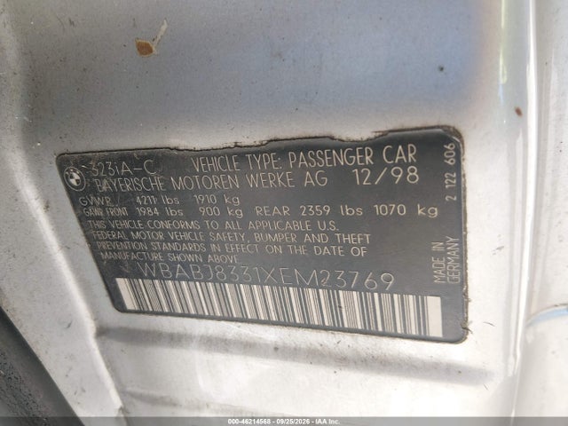 46214568 :رقم المزاد ، WBABJ8331XEM23769 vin ، 1999 Bmw 323ic مزاد بيع