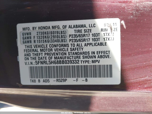 46214573 :رقم المزاد ، 5FNRL5H68BB039332 vin ، 2011 Honda Odyssey Ex-l مزاد بيع